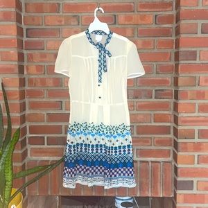 Anna Sui size 6 silk button front printed dress creams green teal excellent cond